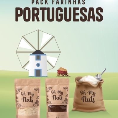 Pack de farinhas portuguesas Oh My Nuts com embalagens castanhas e moinho ao fundo