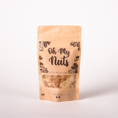 Embalagem de noz Oh My Nuts em papel castanho com janela transparente.