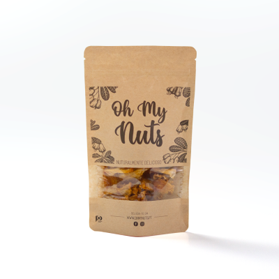 Embalagem de nozes Oh My Nuts em papel castanho com janela transparente
