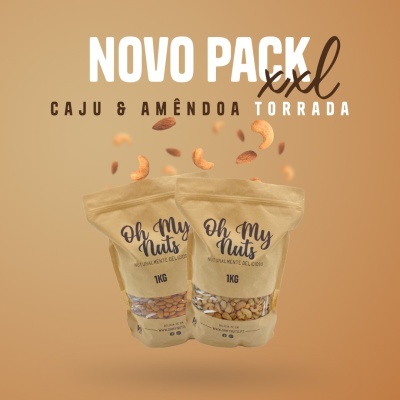 Pacotes de frutos secos Oh My Nuts com caju e amêndoa torrada em embalagem kraft