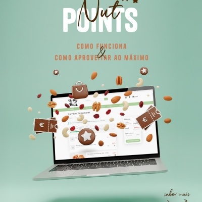 Portátil com carrinho de compras de frutos secos e elementos gráficos de moedas e bilhetes em fundo verde claro