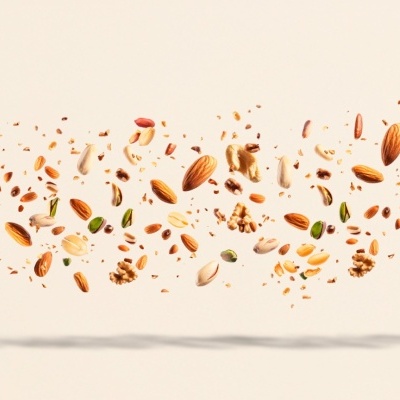 Frutos secos variados flutuando no ar sobre fundo branco