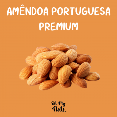 Amêndoas portuguesas premium sobre fundo laranja com texto promocional.
