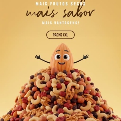 amêndoa animada numa pilha de frutos secos coloridos com texto promocional em fundo amarelo