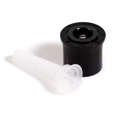 Peça cilíndrica preta com texto e componente tubular branco translúcido