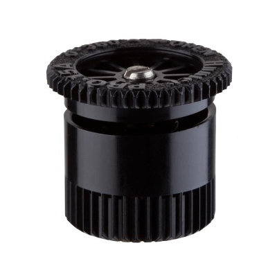 Aspersor de plástico preto cilíndrico com roda dentada na parte superior