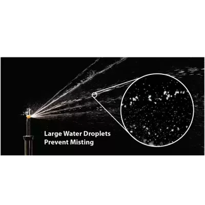 Bico pulverizador preto a vaporizar gotas de água grandes, texto Large Water Droplets Prevent Misting