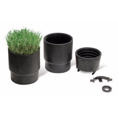 Conjunto de vasos pretos de plástico com planta e acessórios