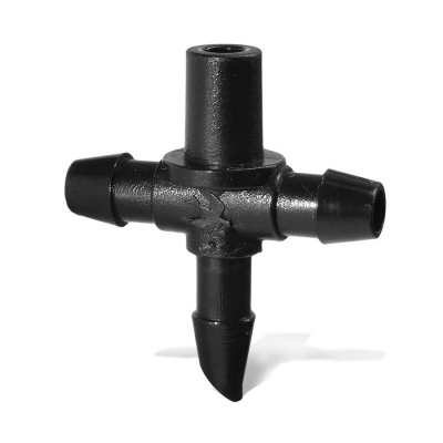 Conector plástico preto em forma de cruz com quatro pontas cónicas