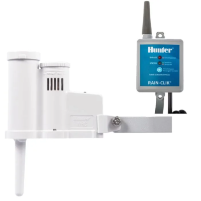 Sensor de chuva Hunter Rain-Clik com caixa azul e branco