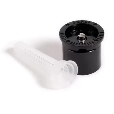Dois componentes plásticos, um cilindro preto e um tubo branco translúcido