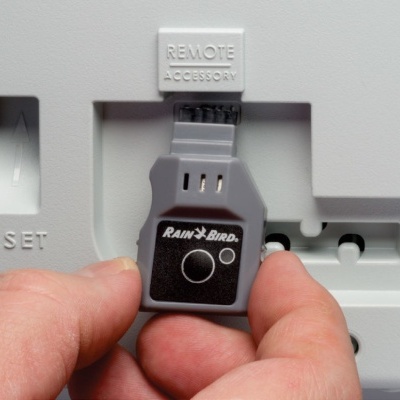 Módulo eletrônico cinzento Rain Bird inserido num dispositivo branco com texto remoto e reset