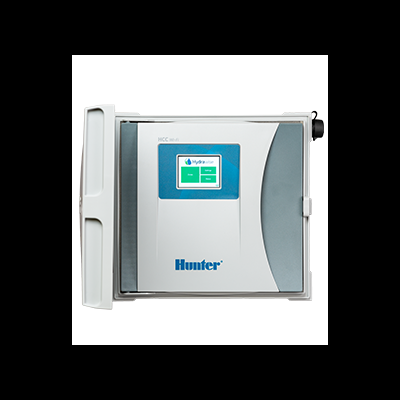 Unidade de controlo eletrónico Hunter HCC cinzenta e branca com visor digital e logo Hunter azul