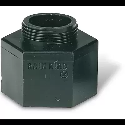 Conector preto hexagonal em plástico com inscrição RAIN BIRD ®