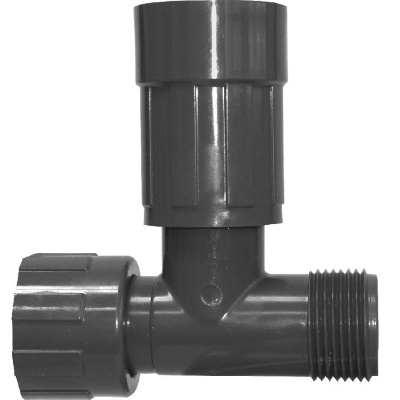 Conector de canalização em T de plástico cinzento com rosca e porcas de aperto