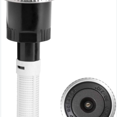 Aspersor de irrigação preto e branco com anel prateado no topo