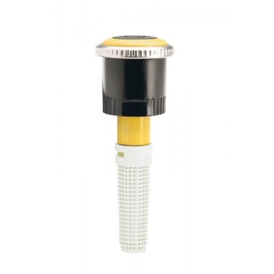 Aspersor de rega preto, amarelo e branco numa fundo branco