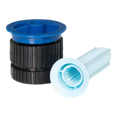Peças circulares de plástico azul, preta e azul clara sobre fundo branco