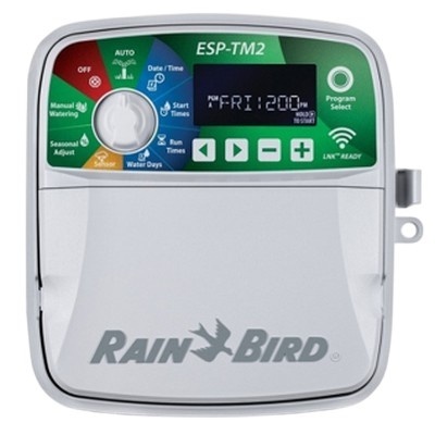 Controlador eletrônico de rega Rain Bird ESP-TM2 com ecrã digital e botões coloridos