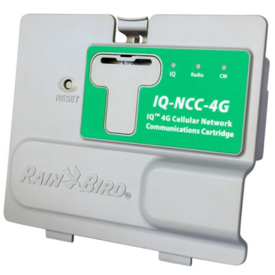 Cartucho de comunicações IQ-NCC-4G Rain Bird branco com etiqueta verde e botão reset