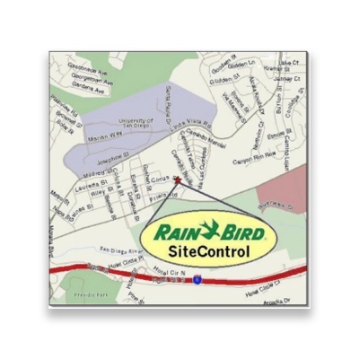Mapa com ruas e destaque para logo RAIN BIRD SiteControl