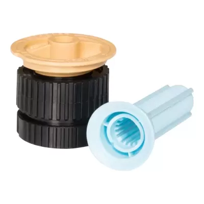 Peças plásticas preta com topo beje e azul clara com ranhuras em fundo branco