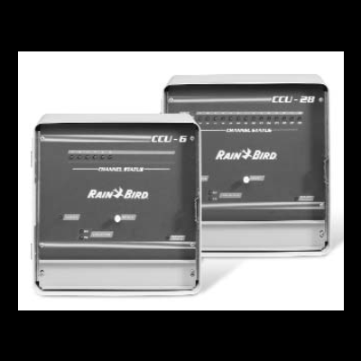 Dois controladores de irrigação Rain Bird modelos CCU-6 e CCU-28 cinza com indicadores de status
