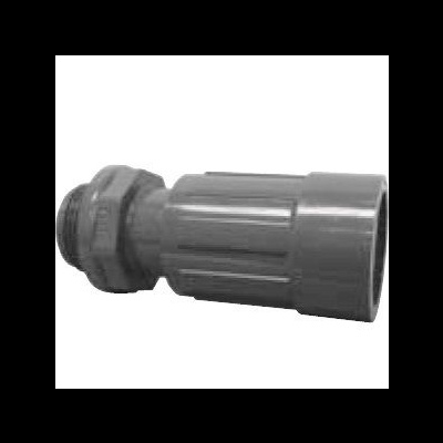 Conector de tubo cinzento em plástico com roscas e textura estriada