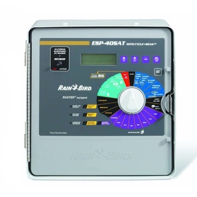 Controlador de irrigação digital Rain Bird cinza com visor e botão rotativo colorido
