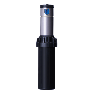 aspersor de rega automático preto e prateado com detalhe azul