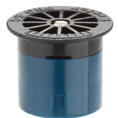Aspersor de jardim redondo azul com topo preto texturizado e marcações numéricas