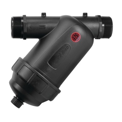 Filtro de irrigação preto com duas entradas rosqueadas, selo vermelho e marca RAIN BIRD