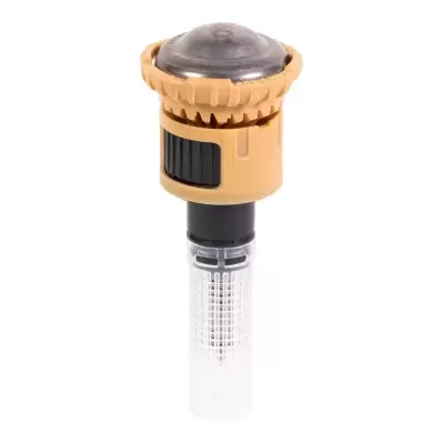 Aspersor de rega de plástico amarelo com botão preto e tubo transparente.