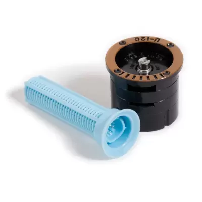 Componentes de plástico cilíndricos azul claro e preto com topo castanho em fundo branco