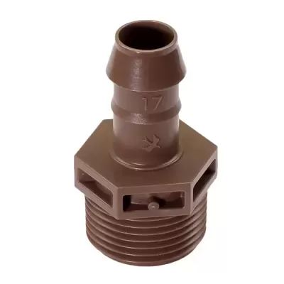 Conector plástico castanho com rosca e marcações em relevo