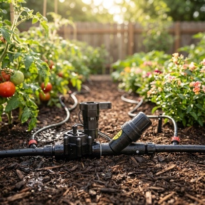 Sistema de rega por gotejamento preto instalado entre plantas no jardim