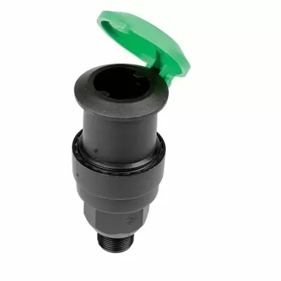 Conector plástico preto com tampa verde em fundo branco