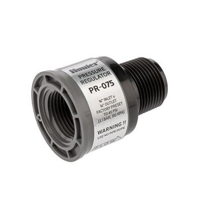 Regulador de pressão Hunter PR-075 de plástico cinza e preto com etiqueta branca e texto em inglês