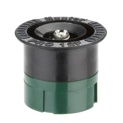 Aspersor de rega preto e verde com parafuso central e texto no topo