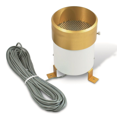 Sensor cilíndrico branco e dourado com cabo cinza enrolado