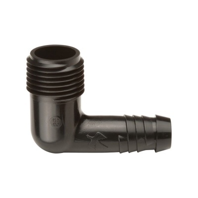 Conector de plástico preto em ângulo de 90 graus com rosca e superfície estriada