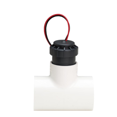 Sensor eletrônico com corpo branco em T com tampa preta e fios vermelho e preto