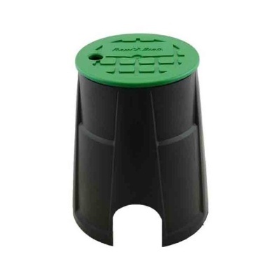 Caixa de válvula preta com tampa verde e texto Rain Bird