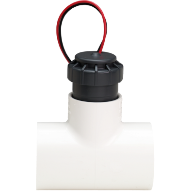 Conector em T branco com tampa preta e fios vermelhos e pretos