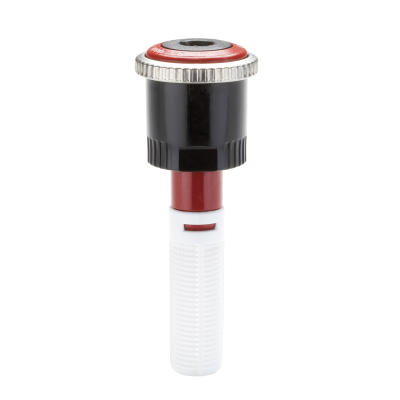 Bocal de aspersor de rega preto, vermelho e branco com topo metálico e corpo branco texturizado