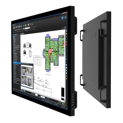 Monitor preto com imagem de planta arquitetónica e interface de software