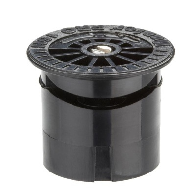 Aspersor de rega preto em plástico com topo circular e texto no topo