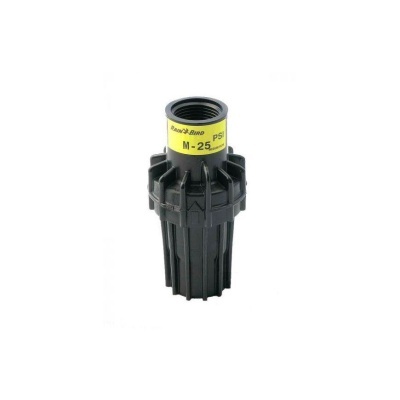 Componente preto cilíndrico com etiqueta amarela para sistema de irrigação