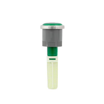 Peça plástica e metálica verde, cinzenta e branca, isolada em fundo branco