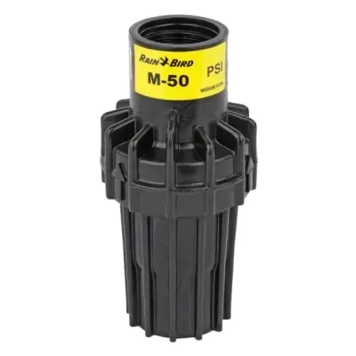 Produto plástico preto cilíndrico com etiqueta amarela RAIN BIRD M-50 PSI